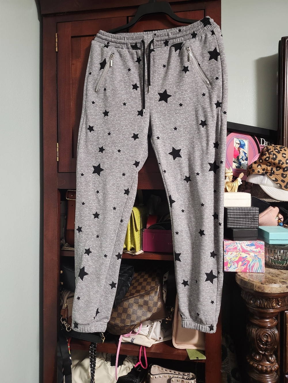 Indero Grey & White Star Jogger Sweatpants W Zipper Pockets Womens M EUC